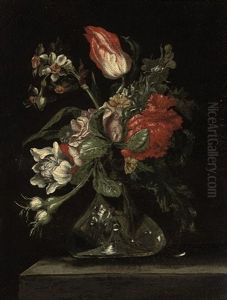 Parrot Tulips, Carnations, Narcissi And Other Flowers In A Glass Vase On A Ledge by Rachel Ruysch