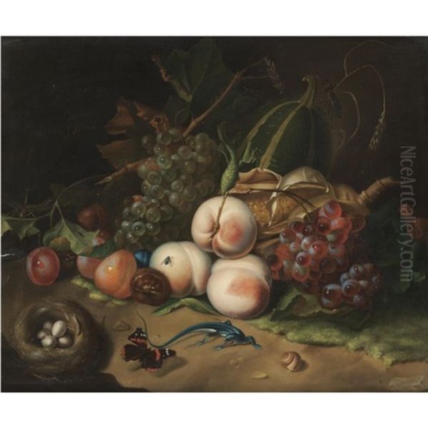 A Forest Floor Still Life With Horse Chestnuts, Peaches, Grapes, A Bird's Nest And A Lizard - view 1