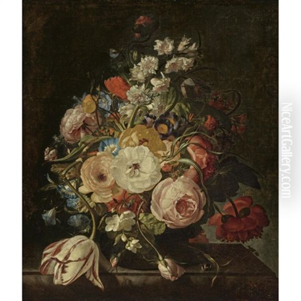 A Still Life Of Roses, A Tulip, Hyacinths, Morning Glories And Other Flowers In A Vase, Resting On A Stone Ledge - view 1