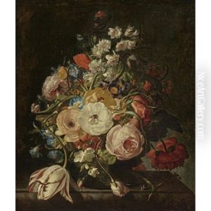 A Still Life Of Roses, A Tulip, Hyacinths, Morning Glories And Other Flowers In A Vase, Resting On A Stone Ledge by Rachel Ruysch