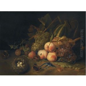 A Still Life Of Peaches, Blue And White Grapes, Prunes And Corn, Together With A Bird's Nest, A Butterfly, A Lizard And Other Insects