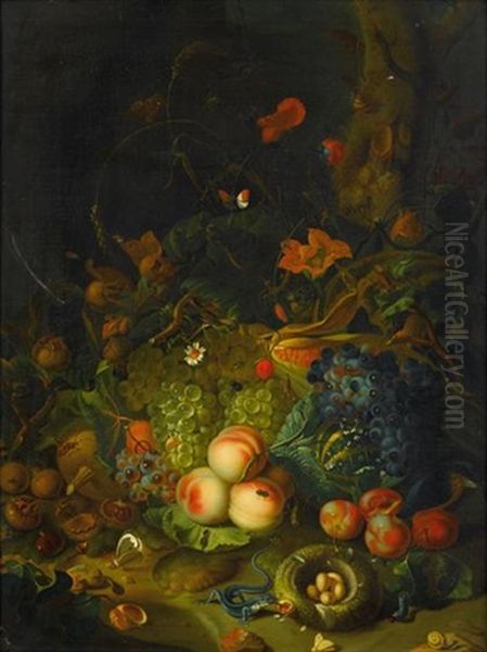 Still Life With Apples, Pears, Grapes, Corn, Pomegranates, A Bird's Nest With Eggs, Butterflies, A Lizard And Insects - view 1