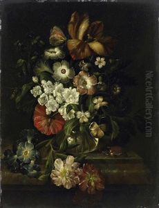 Stilleben Mit Einem Straus Blumen Und Insekten Auf Einer Marmorplatte by Rachel Ruysch