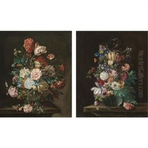 A Still Life With A Bouquet Of Flowers In A Glass Vase, Including A Parrot Tulip, Carnations And Red Berries (+ A Still Life With A Bouquet Of Flowers In A Glass Vase Including A Blue Iris, Pink Roses by Rachel Ruysch