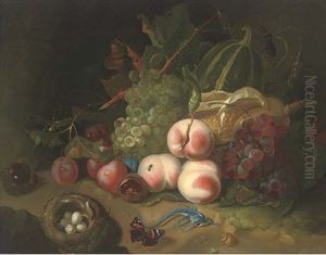 Peaches, Grapes, Plums, Chestnuts, A Melon, An Ear Of Corn, A Snail, A Lizard, A Butterfly, A Beetle, A Grasshopper, Flies And A Birds Nest With Eggs On A Forest Floor by Rachel Ruysch