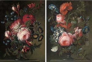 Roses, Forget-me-nots, Morning Glory And Other Flowers In A Glass Vase On A Stone Ledge (+ Roses, Morning Glory, Peonies And Other Flowers In A Glass Vase With A Butterfly On A Stone Ledge; Pair) by Rachel Ruysch