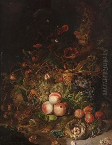 A Forest Floor Still Life With Grapes, Peaches, Plums And Other Fruit Along With Snails, A Lizard And Other Animals - view 1