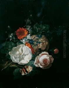 Blumenstilleben. Vor Dunklem Hintergrund Auf Einer Steinplatte Rosen Und Gerbera. Auf Den Blattern Zwei Schmetterlinge Und Eine Biene by Rachel Ruysch