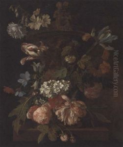 Roses, A Parrot Tulip, Morning Glory, Narcissi And Other Flowers With A Snail, Around A Stone Urn On A Ledge