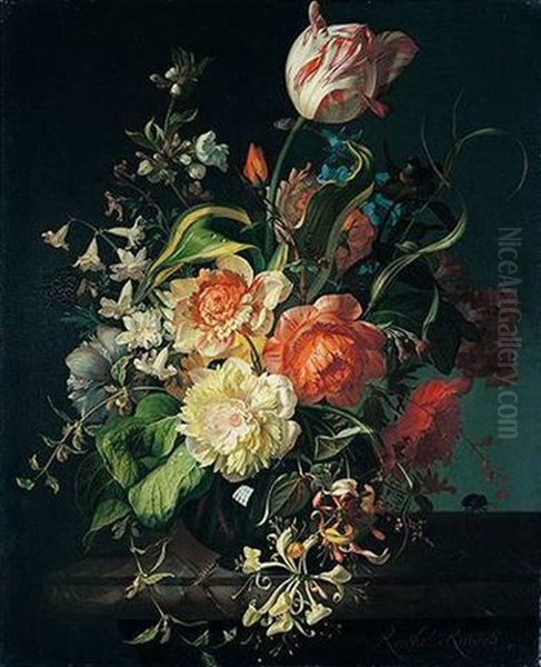 A Still Life Of Roses, Poppies, Carnations, A Tulip, Honeysuckle And Other Flowers In A Glass Vase Resting On A Marble Ledge - view 1