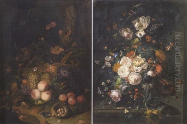 Tulips, Carnations, Roses, Peonies, Morning Glory And Other Flowers In A Glass Vase On A Ledge - view 1