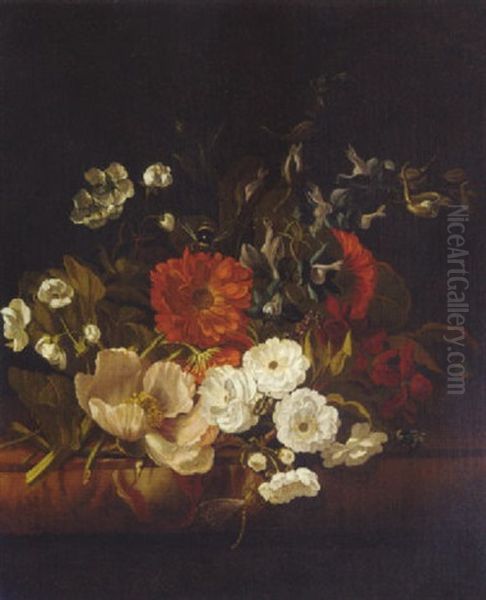 Flowers With Bees, A Beetle, A Caterpillar And A Dragonfly On A Ledge - view 1