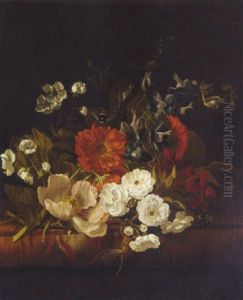 Flowers With Bees, A Beetle, A Caterpillar And A Dragonfly On A Ledge