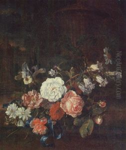 Roses, An Anemony, An Iris, Marygold And Other Flowers On A Stone Ledge By Sculpted Vase, A Classical Garden Beyond