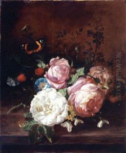 A Still Life With Roses, Morning Glory, Lily-of-the-valley, And Other Flowers, Together With Raspberries And A Butterfly On A Stone Ledge by Rachel Ruysch