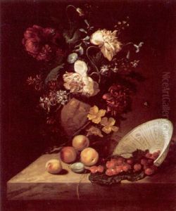 Still Life Of Flowers In A Sculpted Vase, Strawberries In An Upturned Porcelain Bowl, Peaches And A Plum, Upon A Marble Ledge by Rachel Ruysch
