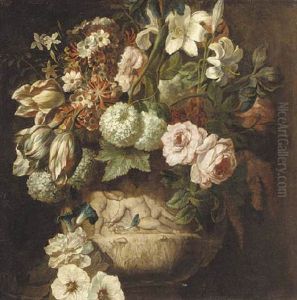Roses, Tulips, Daffodils, Chrysanthemums, Morning Glory, Narcissi And Other Flowers In An Urn Decorated With Putti