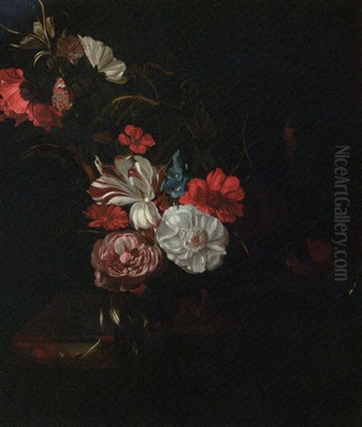 Roses, Tulips, A Poppy, Nasturtiums, Marigolds And Other Flowers In  A Vase, And A Tortoiseshell Butterfly - view 1