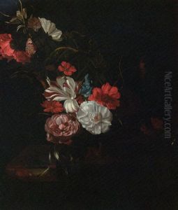 Roses, Tulips, A Poppy, Nasturtiums, Marigolds And Other Flowers In  A Vase, And A Tortoiseshell Butterfly by Rachel Ruysch
