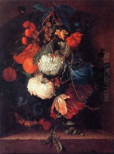 A Bunch Of Flowers Including Tulips, A Rose, And An Iris With Peaches, Gooseberries, Pea Pods And Other Fruit by Rachel Ruysch