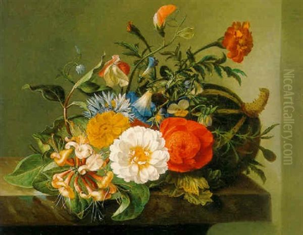 A Bouquet Of Marigolds, Daisies, Poppy Anemones, Honeysuckle Sweet Peas And Morning Glories With A Melon On A Ledge - view 1