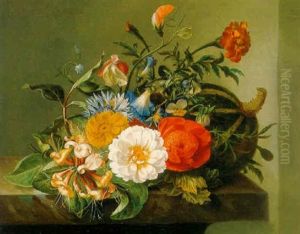 A Bouquet Of Marigolds, Daisies, Poppy Anemones, Honeysuckle Sweet Peas And Morning Glories With A Melon On A Ledge
