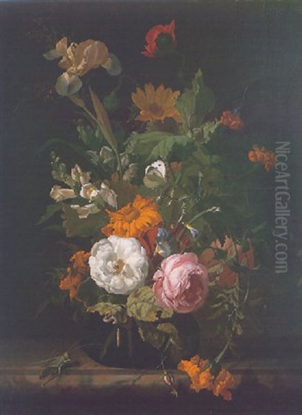 A Still Life Of Roses, Marigolds And Other Flowers In A Glass Vase, With A Grasshopper, Dragonfly And Caterpillars On A Marble Ledge by Rachel Ruysch