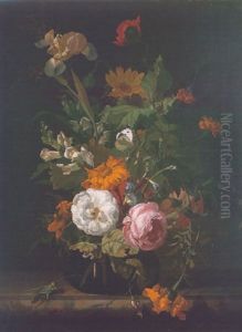 A Still Life Of Roses, Marigolds And Other Flowers In A Glass Vase, With A Grasshopper, Dragonfly And Caterpillars On A Marble Ledge by Rachel Ruysch