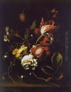 Eine Tulpe, Eine Weise Rose, Eine Nelke Und Andere Bluten In Einer Glasernen Vase by Rachel Ruysch