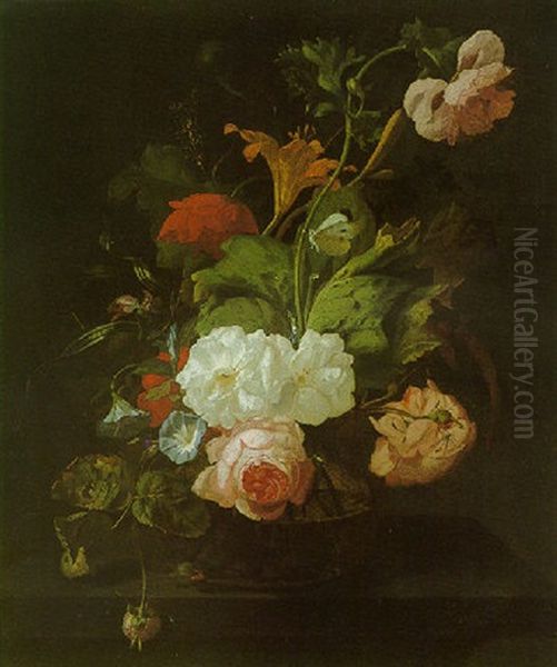 A Still Life Of Summer Flowers Including Roses, Lilies, And Others In A Vase, With A Butterfly And Other Insects, All On A Ledge - view 1