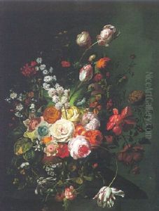 Still Life Of Various Flowers Upon A Stone Ledge by Rachel Ruysch