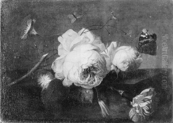 A Still Life Of Roses, Convolvulus And A Carnation With A Red Admiral Butterfly On A Stone Ledge - view 1