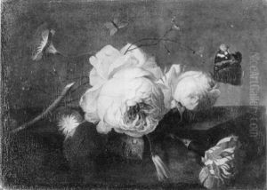 A Still Life Of Roses, Convolvulus And A Carnation With A Red Admiral Butterfly On A Stone Ledge by Rachel Ruysch