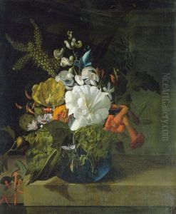 Margurites, A Cactus, Jasmine And Other Flowers In A Glass Vase On A Ledge by Rachel Ruysch