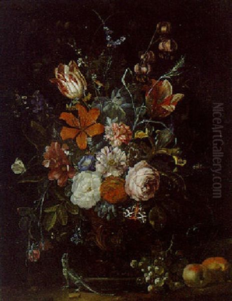Roses And Other Flowers In An Ornamental Vase With Apples, Grapes, And A Lizard On A Ledge - view 1