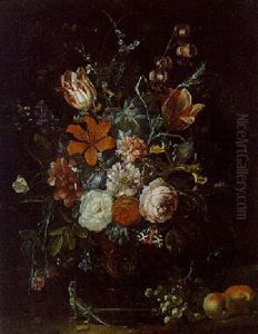 Roses And Other Flowers In An Ornamental Vase With Apples, Grapes, And A Lizard On A Ledge by Rachel Ruysch