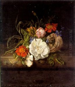 Nosegay Of Roses, Marigolds And Larkspur With A Red Admiral On A Marble Ledge by Rachel Ruysch