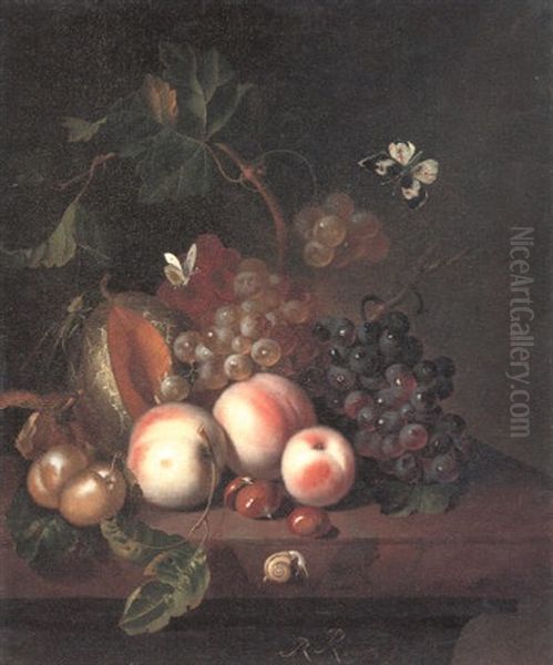 Still Life Of Peaches, Plums And Other Fruit With Butterflies, Grasshopper And Snail - view 1