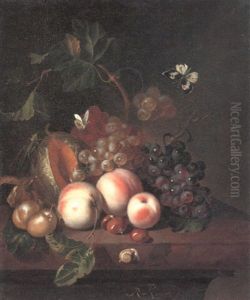Still Life Of Peaches, Plums And Other Fruit With Butterflies, Grasshopper And Snail