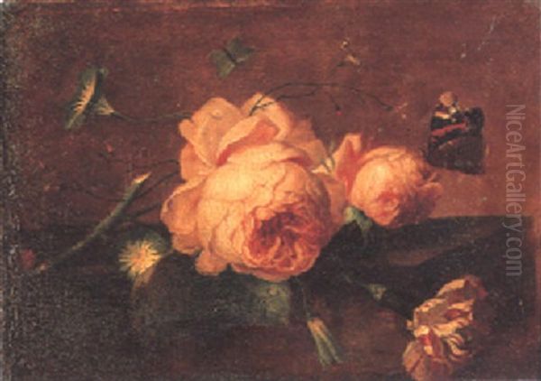 Still Life Of Roses, Convolvulus And A Carnation With A Red Admiral Butterfly - view 1
