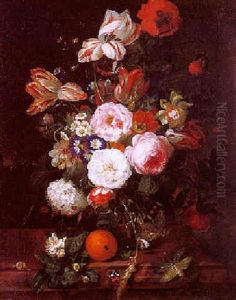 Roses, Tulips And Other Flowers In A Glass Vase With An Orange, Butterflies And A Dragon Fly On A Marble Ledge