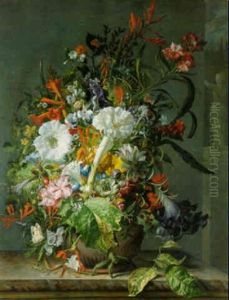 Flowers, A Pineapple And A Cactus In A Boettger Stoneware Urn With A Pale Clouded Yellow Butterfly On A Marble Ledge