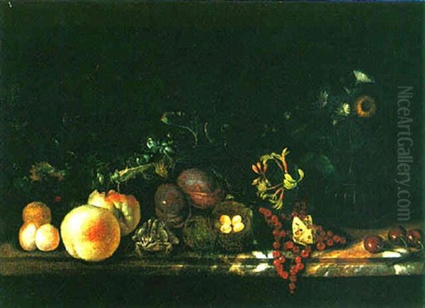 Still Life Of Fruit And Flowers, A Grasshopper, Toad And Bird's Nest, All On A Marble Ledge - view 1