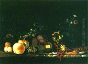 Still Life Of Fruit And Flowers, A Grasshopper, Toad And Bird's Nest, All On A Marble Ledge by Rachel Ruysch