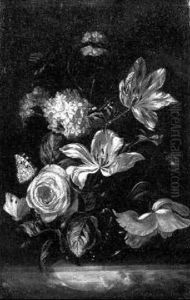 Tulips, Snowballs, Roses And Popies In Glass Vase, With Butterfly On Marble Ledge by Rachel Ruysch