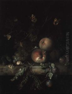 Peaches, Plums And Grapes On A Marble Ledge With Butterflies And Insects by Rachel Ruysch