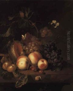 Peaches, Plums, Grapes, A Melon And Chesnuts With Insects On A Stone Ledge by Rachel Ruysch