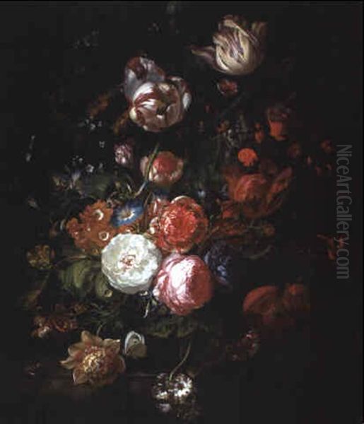 Tulips And Other Flowers In A Glass Vase On A Marble Ledge With Insects - view 1