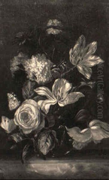 Tulips, Snowballs And Other Flowers In A Vase With A Butterfly On A Ledge - view 1