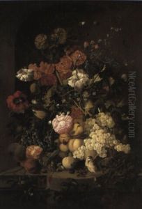 Flowers And Fruit With Butterflies And Birds In A Niche by Rachel Ruysch